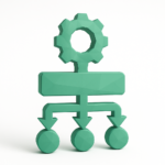 Teal 3D icon of a gear above a formatter block branching into three arrows and circles, representing Zapier formatter steps and an automated data-cleaning workflow