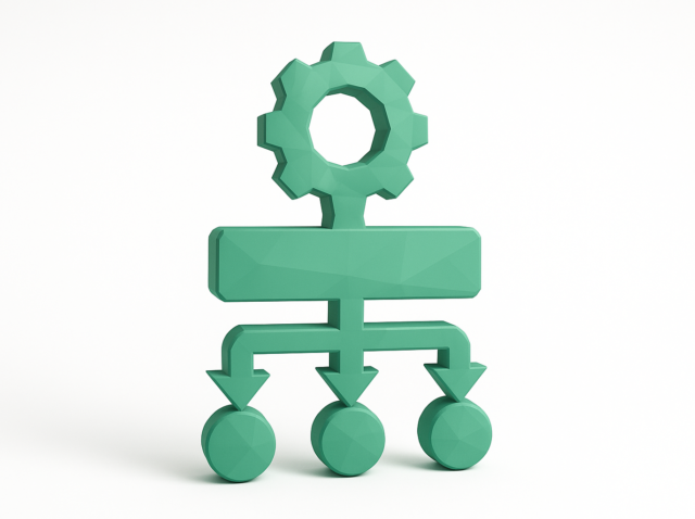 Zapier biçimlendirici adımlarını ve otomatik veri temizleme iş akışını temsil eden, üç ok ve daireye ayrılan bir biçimlendirici bloğunun üzerindeki dişlinin deniz mavisi 3D simgesi