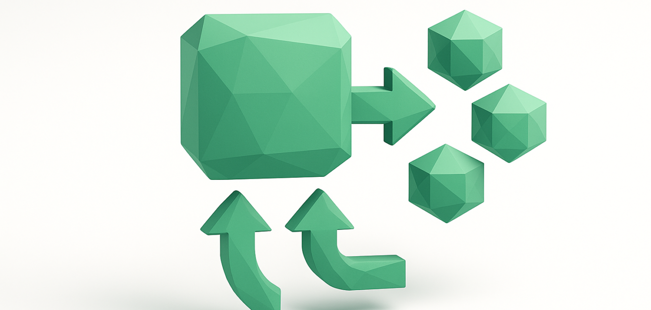 Zapier Multi-Step Zaps Explained — 2026 Green low-poly cube with arrows splitting into three smaller cubes, symbolizing Zapier multi-step Zaps and automated workflows.