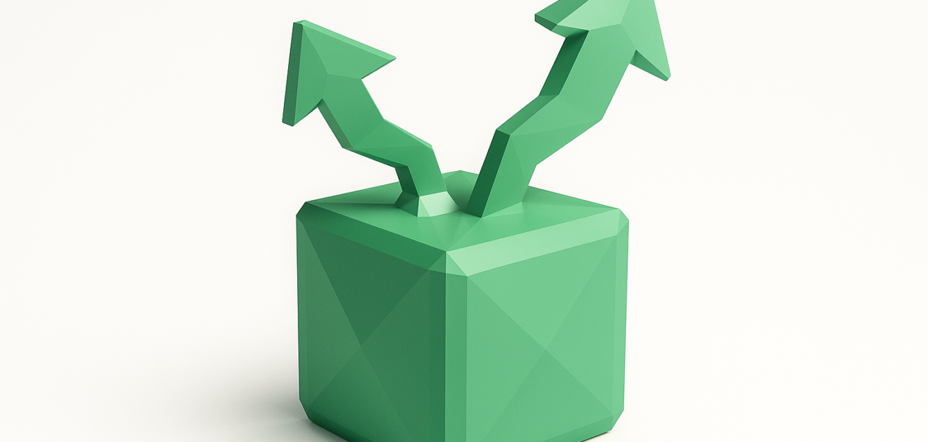 Low-poly green cube with two upward branching arrows representing scaling, workflow branching, and automation for Zapier small business vs enterprise guide.