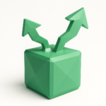 Zapier: Small Business vs Enterprise Guide 6 Low-poly green cube with two upward branching arrows representing scaling, workflow branching, and automation for Zapier small business vs enterprise guide.