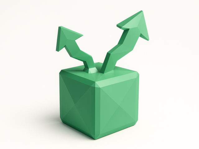 Zapier küçük işletme ve kurumsal kılavuzu için ölçeklendirme, iş akışı dallanması ve otomasyonu temsil eden yukarı doğru iki dallanma okuna sahip düşük poli yeşil küp.