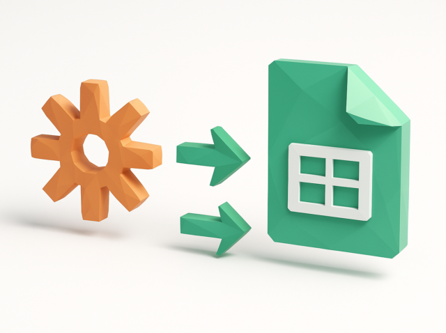 Zapier'den Google E-Tablolar'a otomasyon iş akışını gösteren yeşil bir elektronik tablo simgesine işaret eden yeşil oklu stilize turuncu dişli.