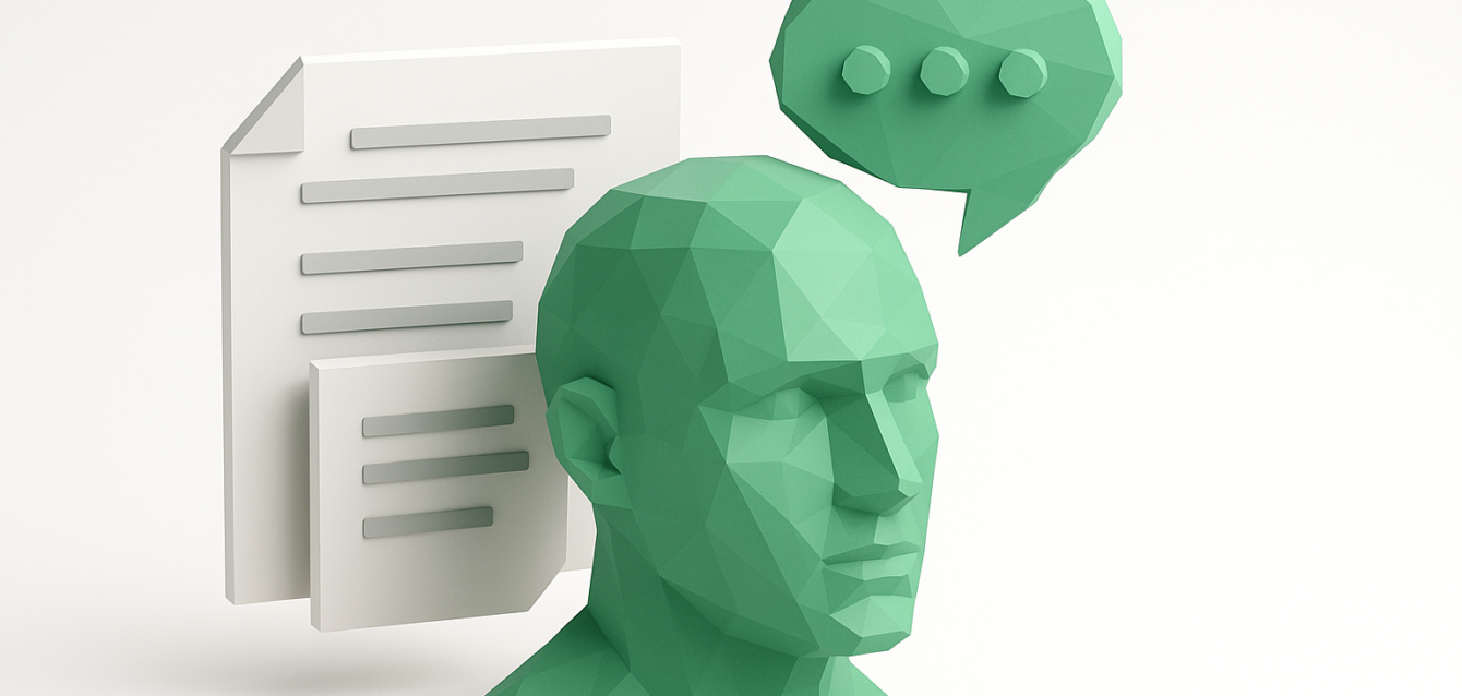 Agent Memory and Context Management Illustration Low-poly green human head with a speech bubble and floating document icons representing AI agent memory, context management, and information storage