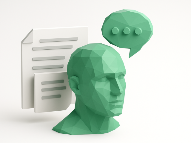 Yapay zeka ajanı hafızasını, bağlam yönetimini ve bilgi depolamayı temsil eden bir konuşma balonu ve yüzen belge simgeleri ile düşük poli yeşil insan kafası