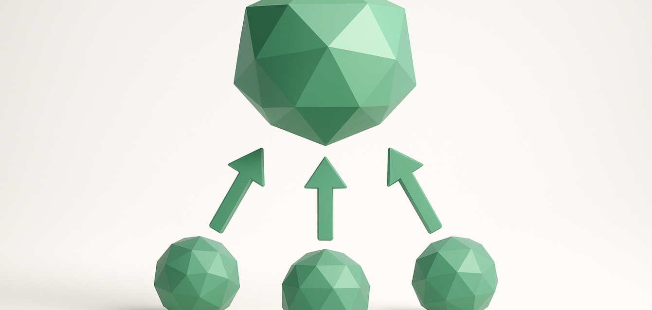 Green low-poly nodes with three upward arrows converging on a larger polyhedron, representing agent orchestration and Google Antigravity