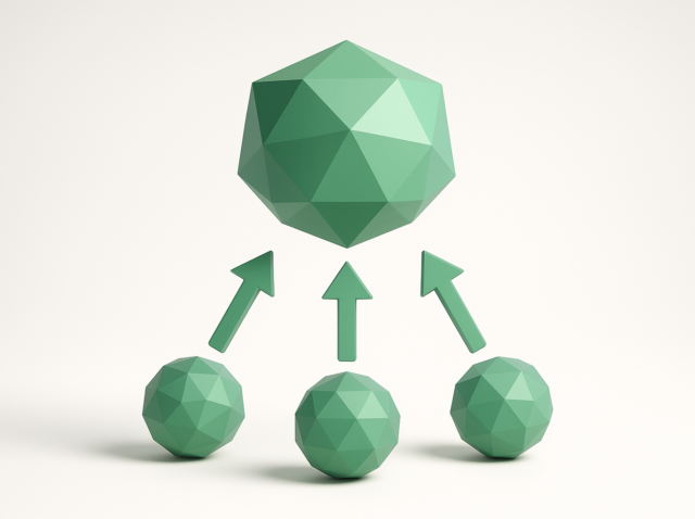 Green low-poly nodes with three upward arrows converging on a larger polyhedron, representing agent orchestration and Google Antigravity