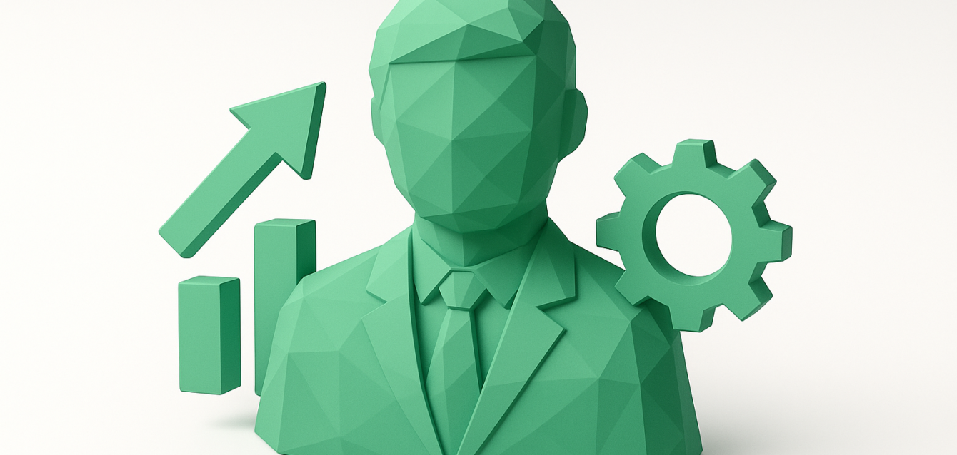 Agentic RAG: Powering Digital Employees with Retrieval-Augmented Generation Green low-poly bust of a business figure with an upward arrow, bar chart and gear icons, symbolizing agentic RAG (retrieval-augmented generation) powering digital employees and AI-driven automation.