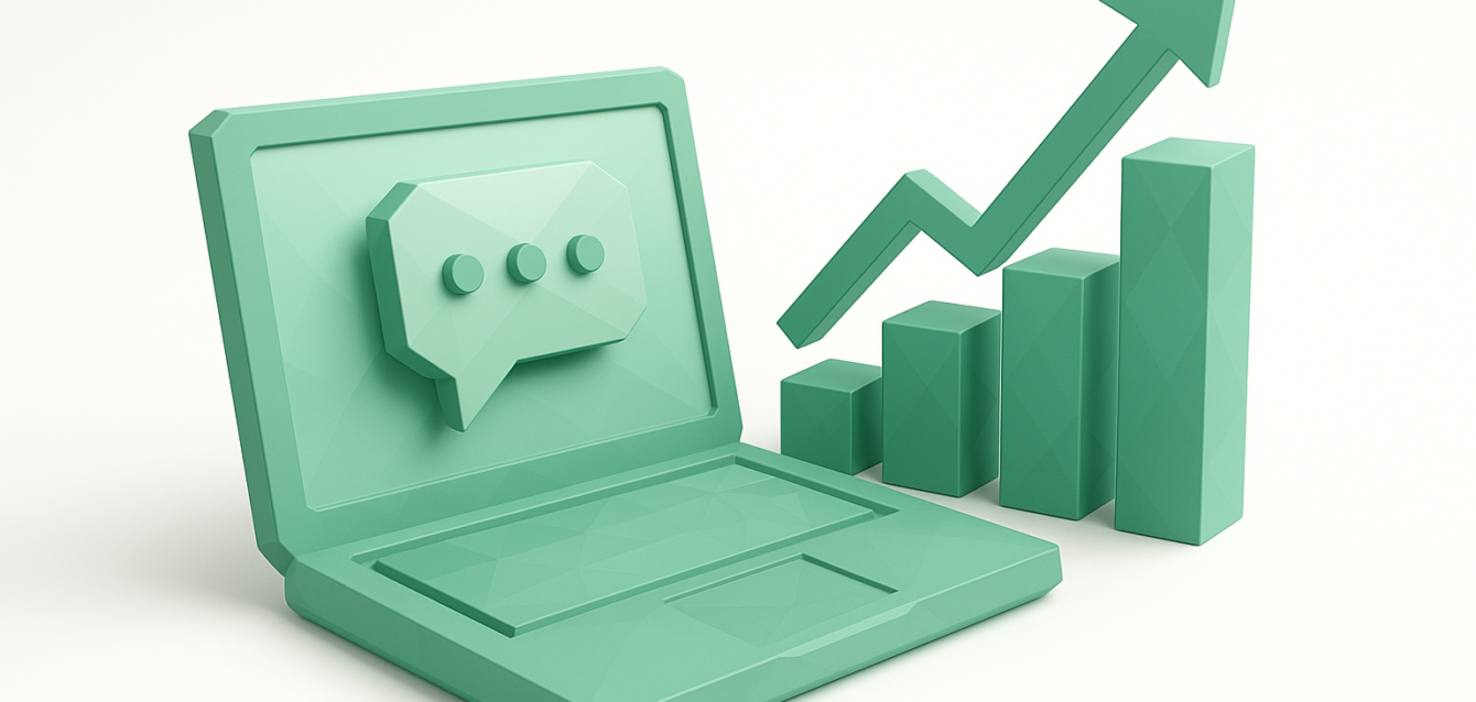 3D green illustration of a laptop with a chat bubble and rising bar chart with arrow, symbolizing agentic workflows and sales growth