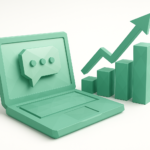 3D green illustration of a laptop with a chat bubble and rising bar chart with arrow, symbolizing agentic workflows and sales growth