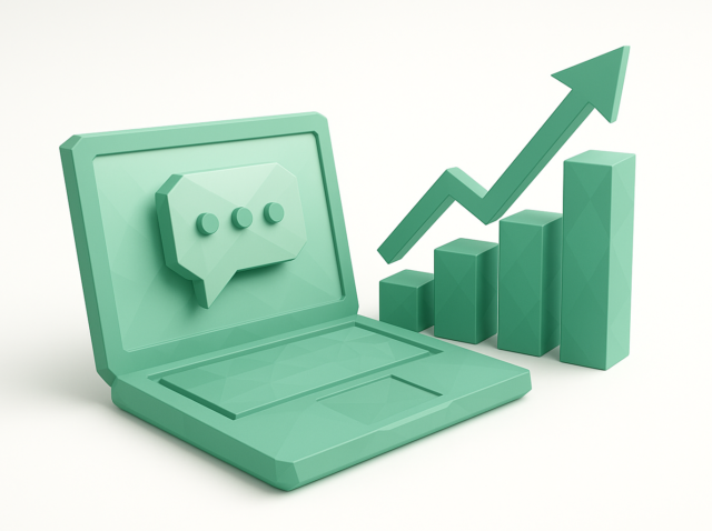 3D green illustration of a laptop with a chat bubble and rising bar chart with arrow, symbolizing agentic workflows and sales growth