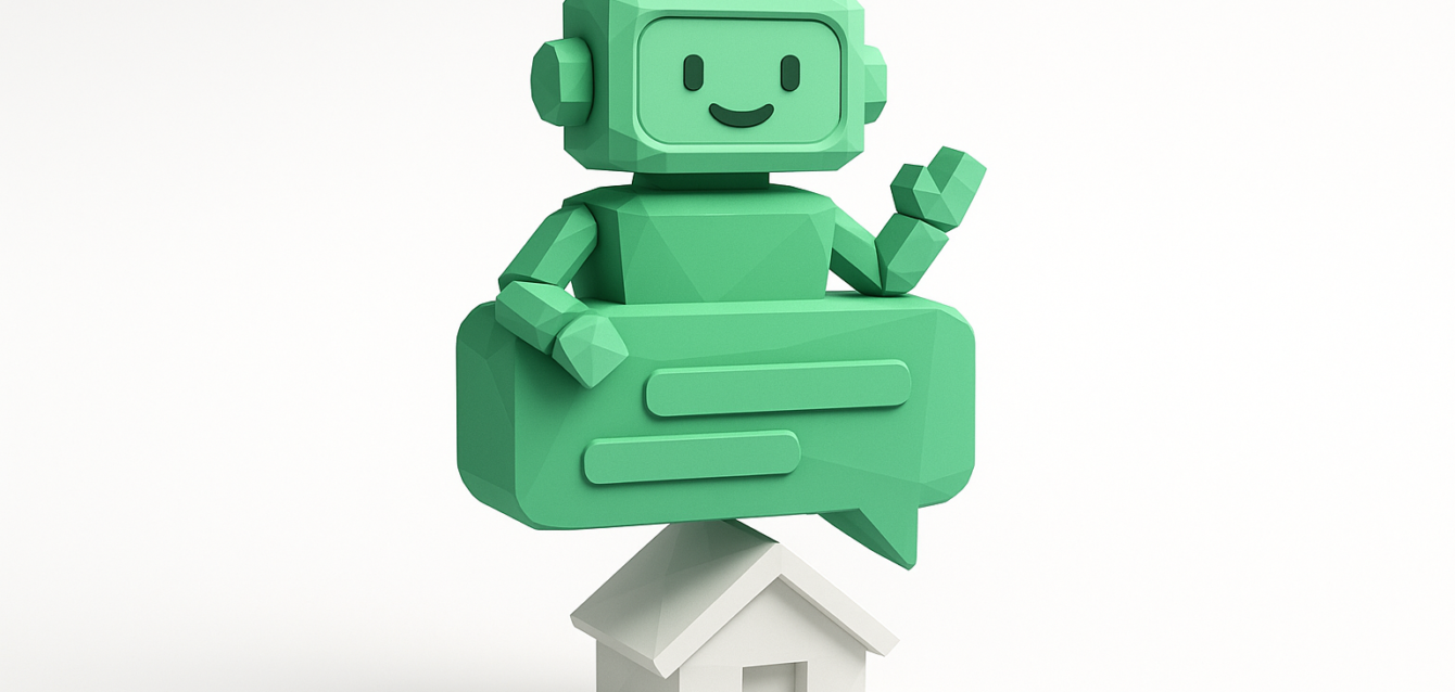 Friendly green AI chatbot speech bubble hovering over a small house, representing faster, fair tenant screening for rental applications