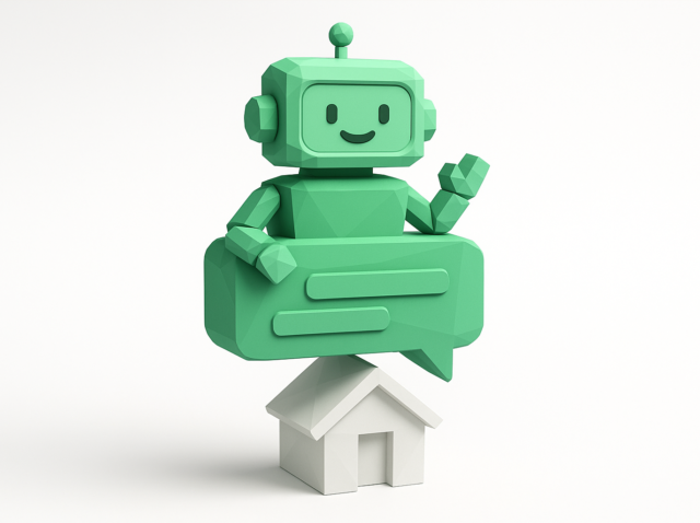Friendly green AI chatbot speech bubble hovering over a small house, representing faster, fair tenant screening for rental applications