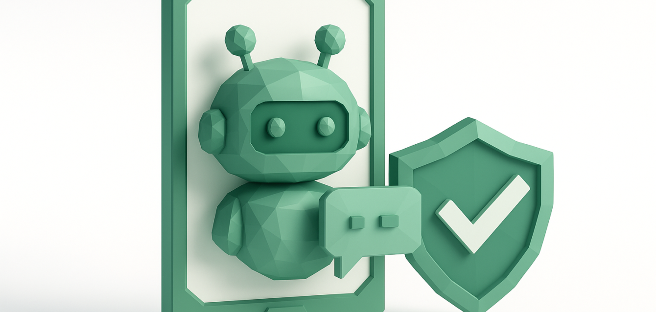 3D low-poly green chatbot emerging from a smartphone screen with a chat bubble and a shield bearing a checkmark, symbolizing secure AI tenant screening and verification in 2026