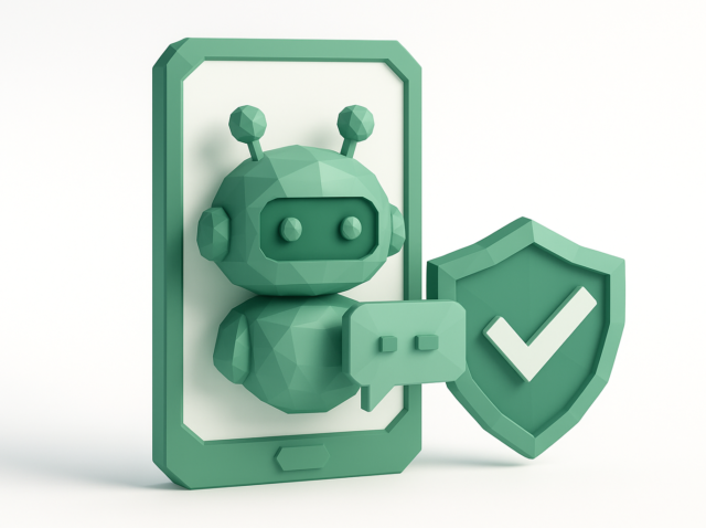 3D low-poly green chatbot emerging from a smartphone screen with a chat bubble and a shield bearing a checkmark, symbolizing secure AI tenant screening and verification in 2026