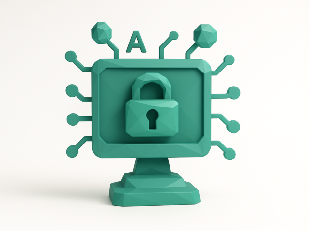 Teal 3D computer monitor with a padlock and circuit-like connections topped by the letter A, symbolizing AI-powered compliance monitoring and secure risk oversight