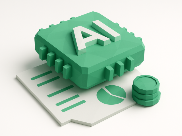 Green 3D AI microchip resting on an expense report with a pie chart and stacked coins, representing AI-driven expense categorization and financial automation in 2026