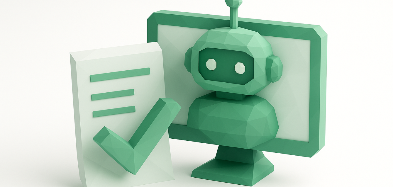 AI-Powered Real-Time Listening for Employee Engagement Surveys Green low-poly AI robot on a computer screen next to a survey form and checkmark, symbolizing AI-powered real-time listening and analysis of employee engagement surveys.