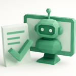 Green low-poly AI robot on a computer screen next to a survey form and checkmark, symbolizing AI-powered real-time listening and analysis of employee engagement surveys.