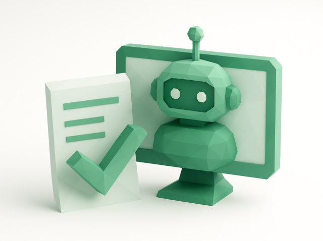 Green low-poly AI robot on a computer screen next to a survey form and checkmark, symbolizing AI-powered real-time listening and analysis of employee engagement surveys.