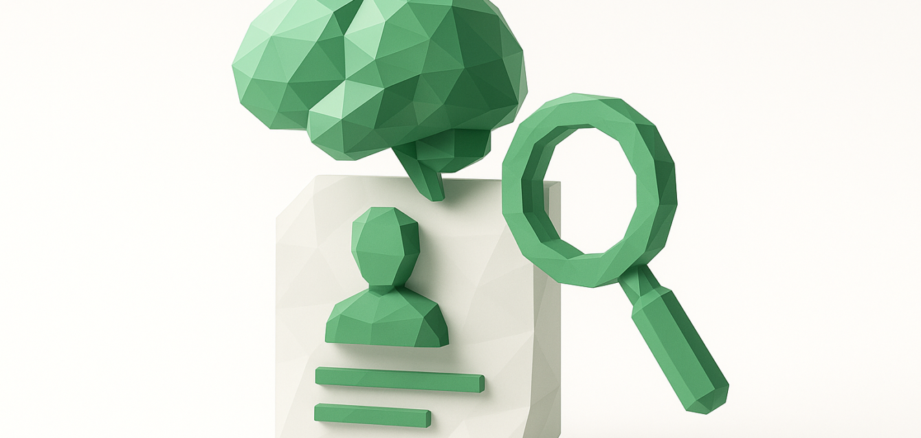 Düşük poli yeşil beyin, büyüteç ve daha adil işe alım için yapay zeka destekli özgeçmiş taramasını temsil eden özgeçmiş simgesi