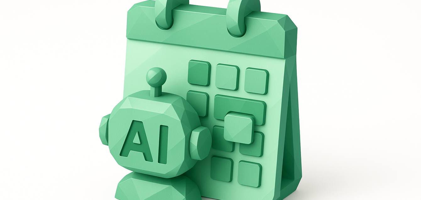 2026'da yapay zeka mülakat planlama araçları için otomatik mülakat planlama ve takvim rezervasyonunu simgeleyen, önünde bir yapay zeka robot kafası bulunan bir masa takviminin 3D yeşil simgesi