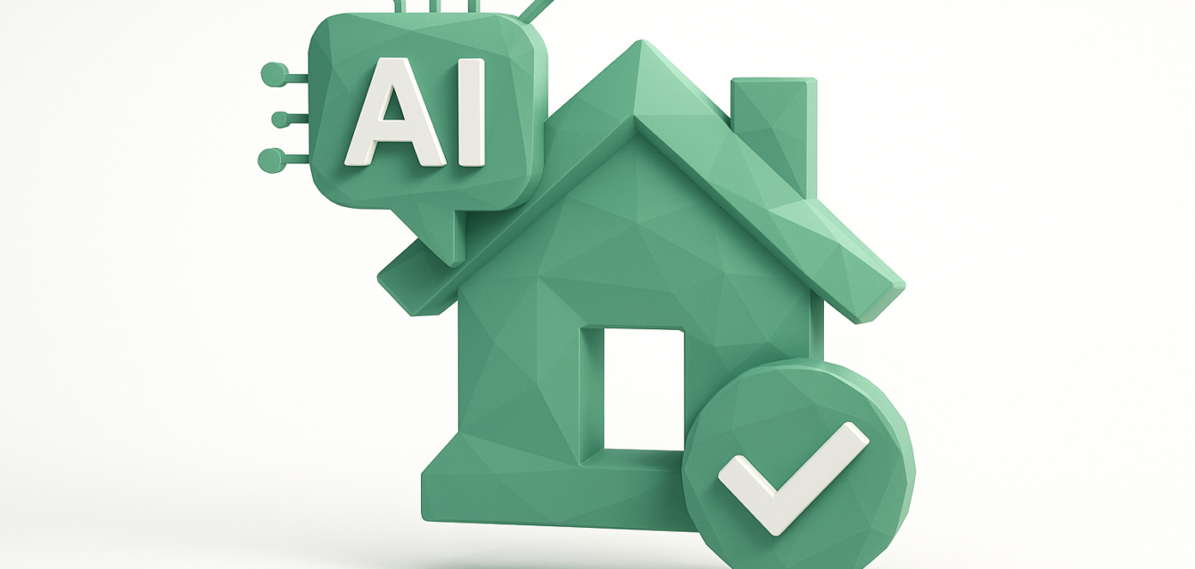 Low-poly green 3D house icon with an AI chip speech bubble and a checkmark, symbolizing AI lead qualification for realtors and 24/7 conversions