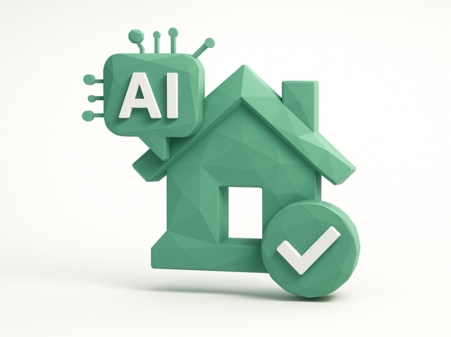 Low-poly green 3D house icon with an AI chip speech bubble and a checkmark, symbolizing AI lead qualification for realtors and 24/7 conversions