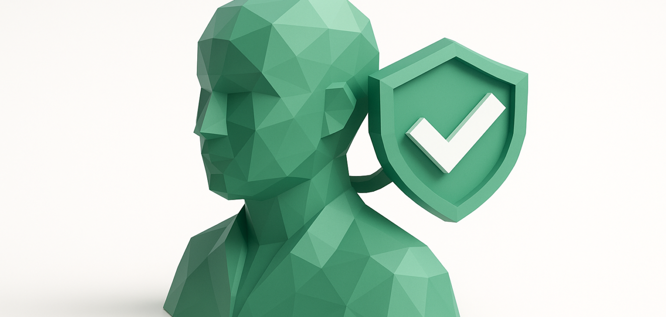 Low-poly green human bust beside a shield with a checkmark, symbolizing AI lead qualification and verified leads for realtors.