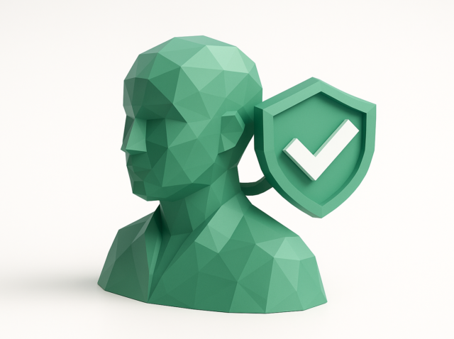 Low-poly green human bust beside a shield with a checkmark, symbolizing AI lead qualification and verified leads for realtors.