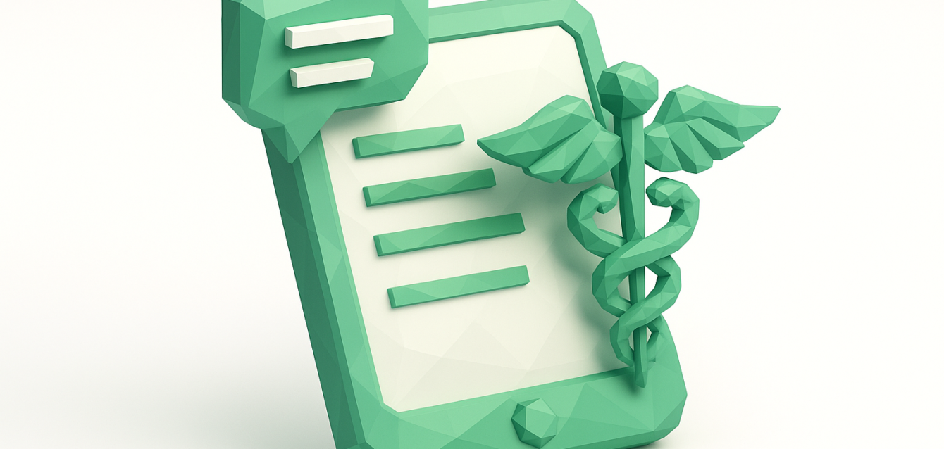 Low-poly green tablet with chat bubble and caduceus icon symbolizing AI medical scribe tools for efficient clinical documentation