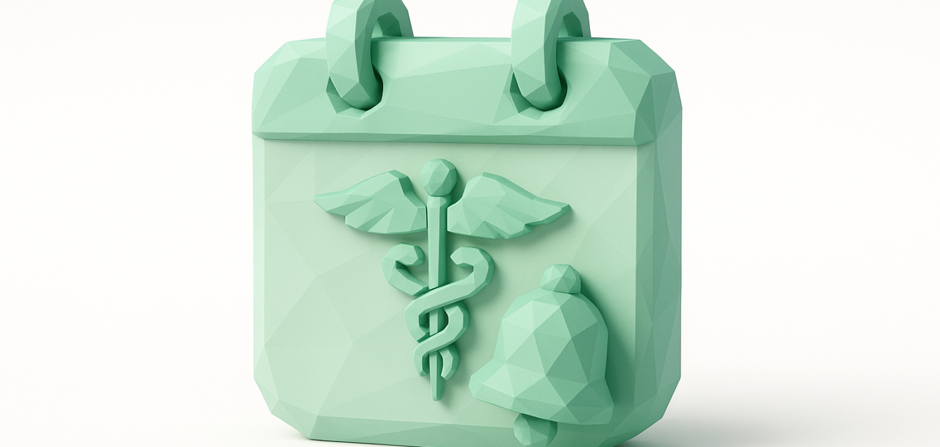 Mint-green low-poly calendar icon with a caduceus symbol and notification bell, representing medical appointment reminders and streamlined patient scheduling.