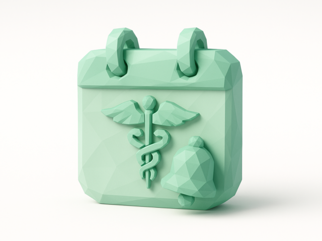 Mint-green low-poly calendar icon with a caduceus symbol and notification bell, representing medical appointment reminders and streamlined patient scheduling.