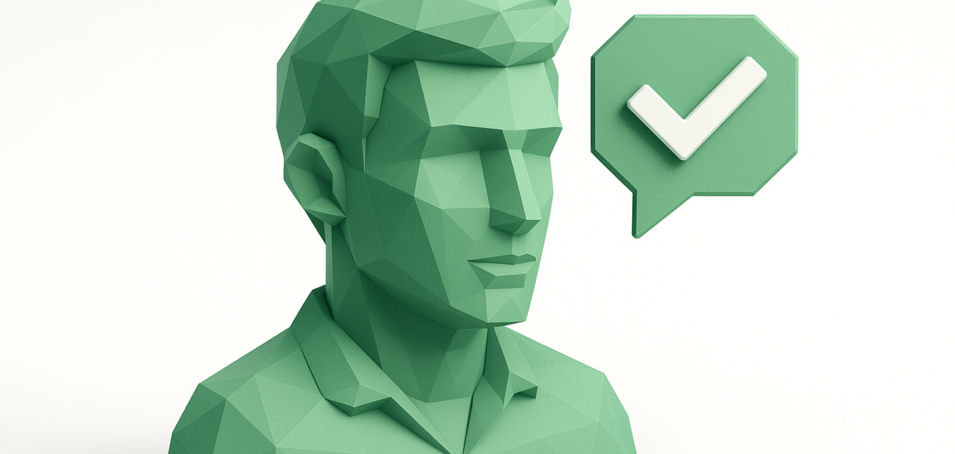Green low-poly human bust with a speech bubble containing a white checkmark, representing an AI recruiter agent approving candidates — an AI recruiter agent example transforming hiring.