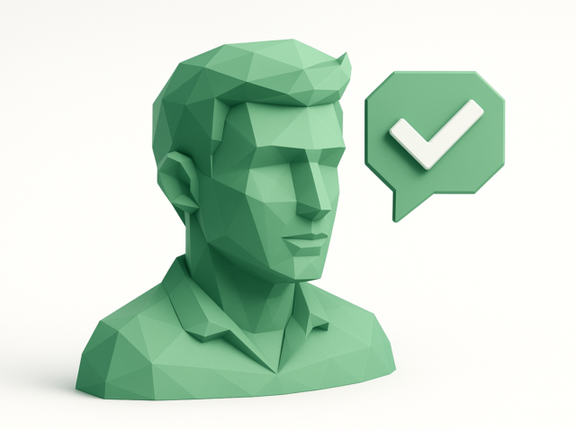 Green low-poly human bust with a speech bubble containing a white checkmark, representing an AI recruiter agent approving candidates — an AI recruiter agent example transforming hiring.