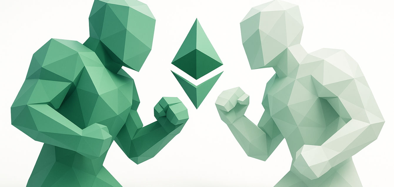 AutoGen vs CrewAI — Agent Framework Comparison Illustration Two low-poly green humanoid figures in a fighting stance facing each other with a stylized diamond symbol between them, illustrating a showdown or comparison between AutoGen and CrewAI agent frameworks.