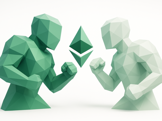 Two low-poly green humanoid figures in a fighting stance facing each other with a stylized diamond symbol between them, illustrating a showdown or comparison between AutoGen and CrewAI agent frameworks.
