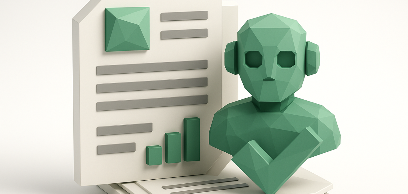 3D low-poly green AI assistant next to a stylized invoice and bar chart, illustrating automated invoice processing, machine learning validation, and accounts payable automation in 2026