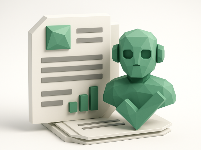 3D low-poly green AI assistant next to a stylized invoice and bar chart, illustrating automated invoice processing, machine learning validation, and accounts payable automation in 2026