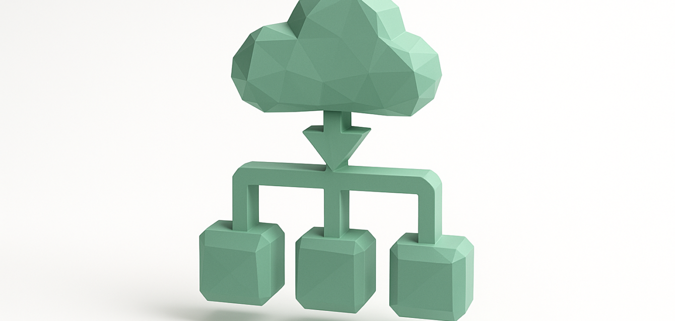Automated Onboarding Workflows Cloud Diagram for Faster Time to Value 3D low-poly green cloud connected to three hierarchical nodes, symbolizing automated onboarding workflows and faster time to value