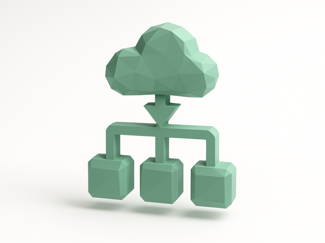 3D low-poly green cloud connected to three hierarchical nodes, symbolizing automated onboarding workflows and faster time to value