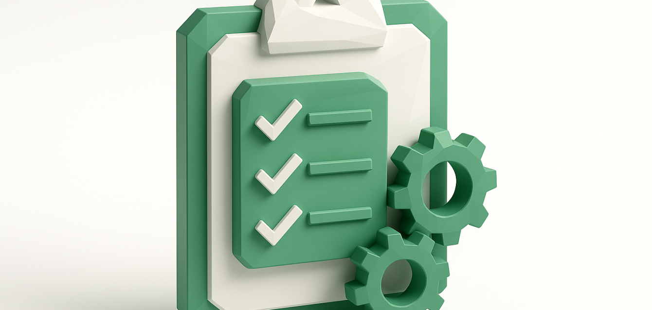 3D illustration of a clipboard checklist with gears, symbolizing automated client intake forms and faster lead follow-up