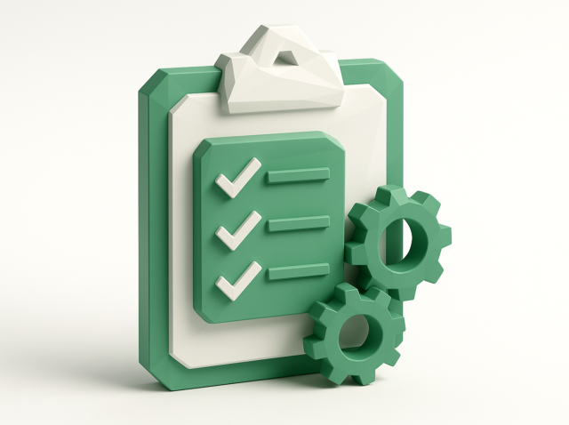 3D illustration of a clipboard checklist with gears, symbolizing automated client intake forms and faster lead follow-up
