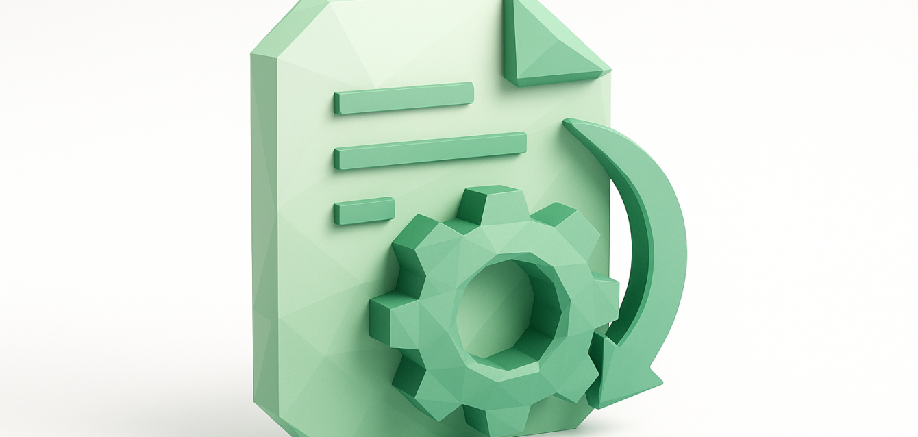 3D green document with gear and curved arrow symbolizing automated client intake forms and faster follow-up