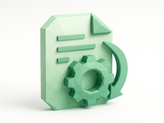 3D green document with gear and curved arrow symbolizing automated client intake forms and faster follow-up