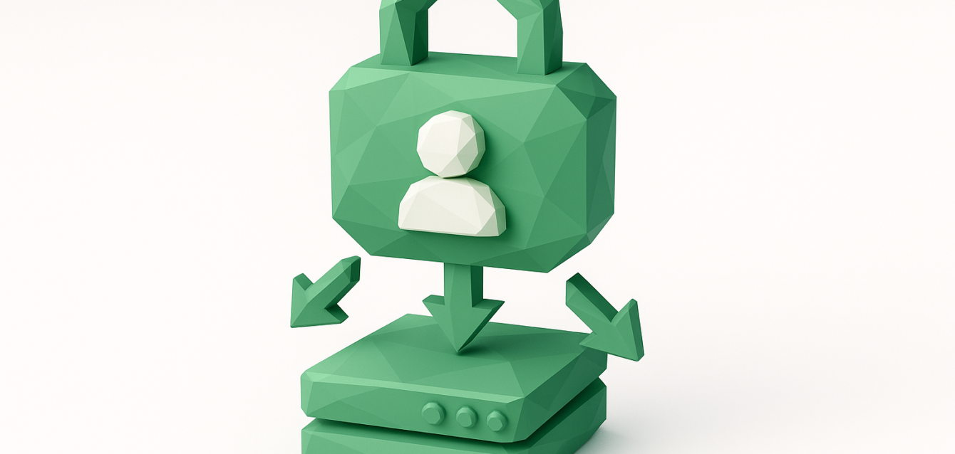 Low-poly green padlock with a user icon above stacked servers and downward arrows, symbolizing automated employee access provisioning for smooth onboarding