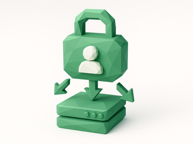 Low-poly green padlock with a user icon above stacked servers and downward arrows, symbolizing automated employee access provisioning for smooth onboarding