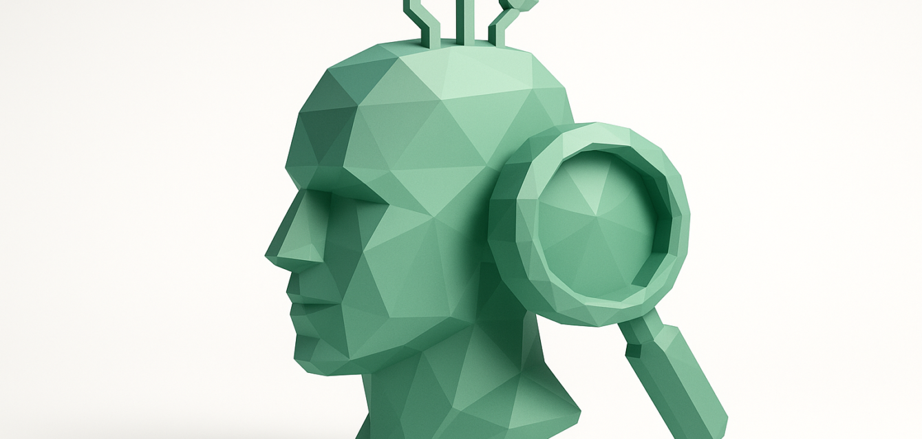 Low-poly green 3D human head with three antenna-like nodes and a magnifying glass, representing AI-powered headhunting and automated candidate search for smarter hiring.