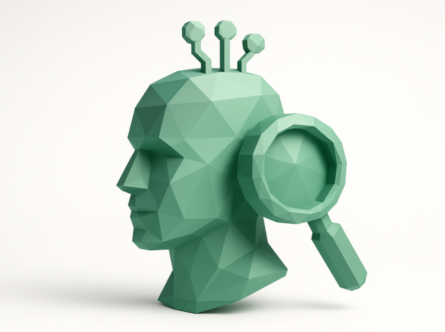 Low-poly green 3D human head with three antenna-like nodes and a magnifying glass, representing AI-powered headhunting and automated candidate search for smarter hiring.