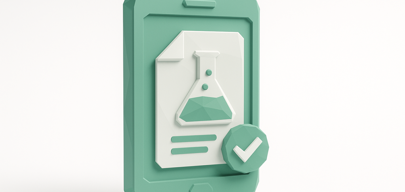Automated Lab Result Notifications on Mobile — Streamline Workflow 3D illustration of a smartphone showing a lab results document with a flask icon and checkmark, representing automated lab result notifications and streamlined workflow